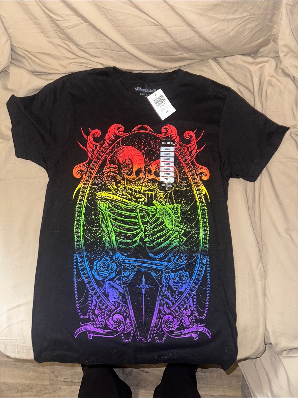 Black Women’s Graphic Tee with Rainbow Skeleton Design